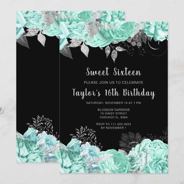 Elegant Green and Silver Flowers Sweet Sixteen Invitation (Front/Back)