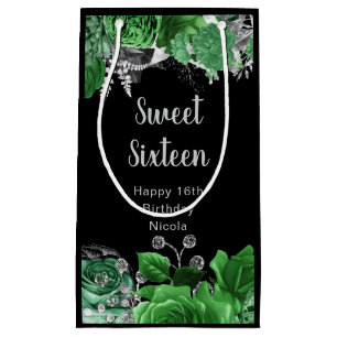 Elegant Green and Silver Flowers Sweet Sixteen Small Gift Bag