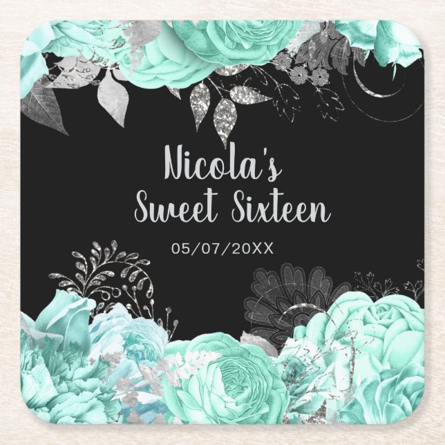 Elegant Green and Silver Flowers Sweet Sixteen Square Paper Coaster (Front)