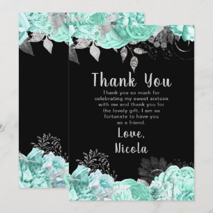 Elegant Green and Silver Flowers Sweet Sixteen Thank You Card