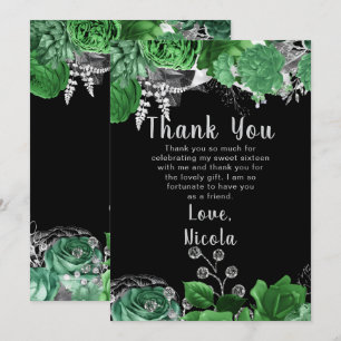 Elegant Green and Silver Flowers Sweet Sixteen Thank You Card