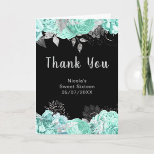 Elegant Green and Silver Flowers Sweet Sixteen Thank You Card