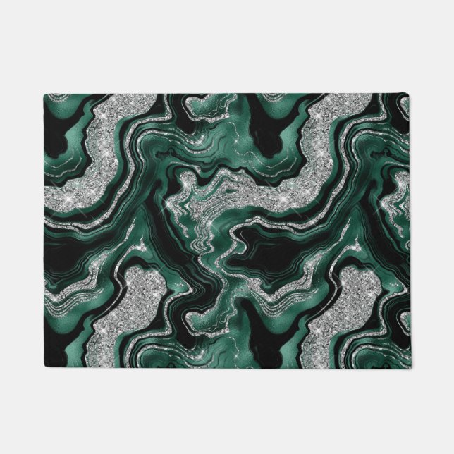 Elegant Green and Silver Glitter Agate Pattern Doormat (Front)