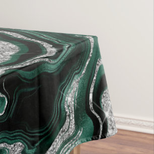 Elegant Green and Silver Glitter Agate Pattern Tablecloth