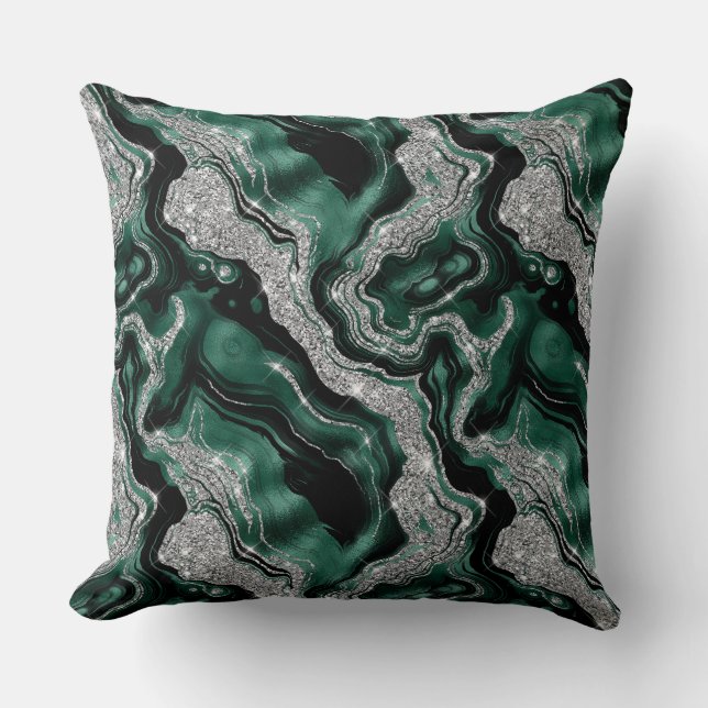 Elegant Green and Silver Glitter Agate Pattern Throw Pillow (Front)