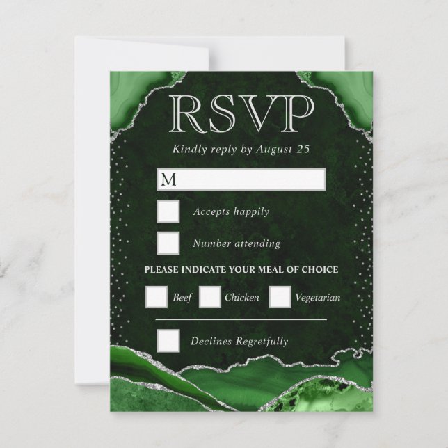 Elegant Green  and Silver Glitter Agate Wedding RSVP Card (Front)