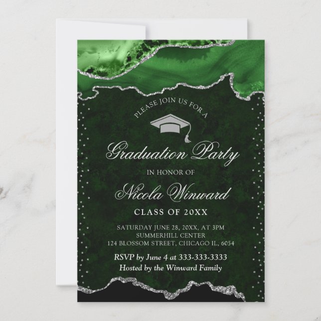 Elegant Green and Silver Marble Agate Graduation Invitation (Front)