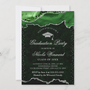 Elegant Green and Silver Marble Agate Graduation Invitation
