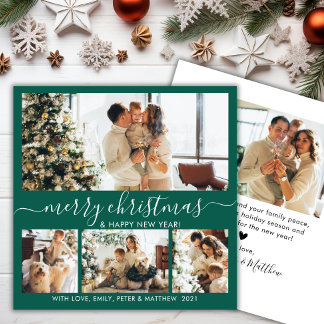 Elegant Green and White 4 Photo Collage Christmas Holiday Card