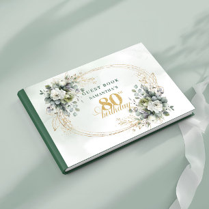Elegant Green and White 80th Birthday Sign Book
