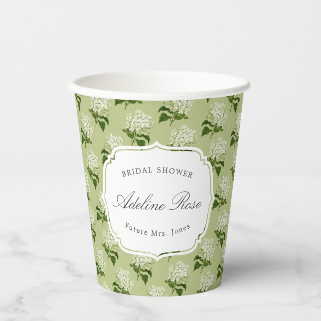 Elegant Green and White Hydrangea Bridal Shower Paper Cups (Front)