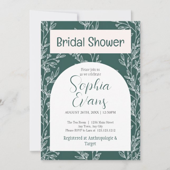 Elegant Green and White Leaves Bridal Shower Invitation (Front)