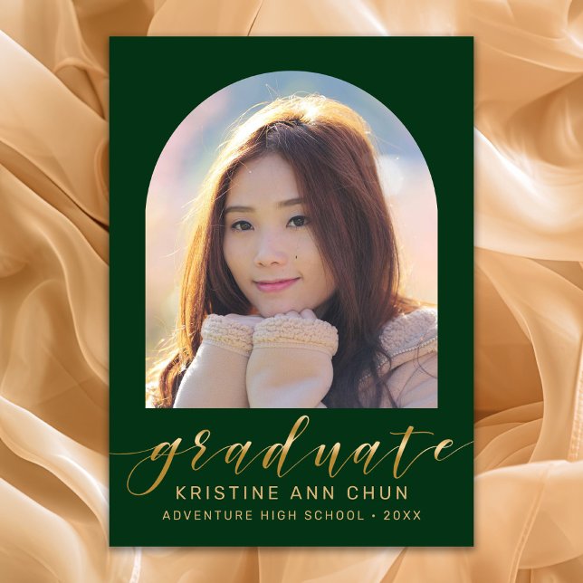 Elegant Green Arch Gold Script Photo Graduation Announcement (Green and Gold Script Photo Graduation Announcement)