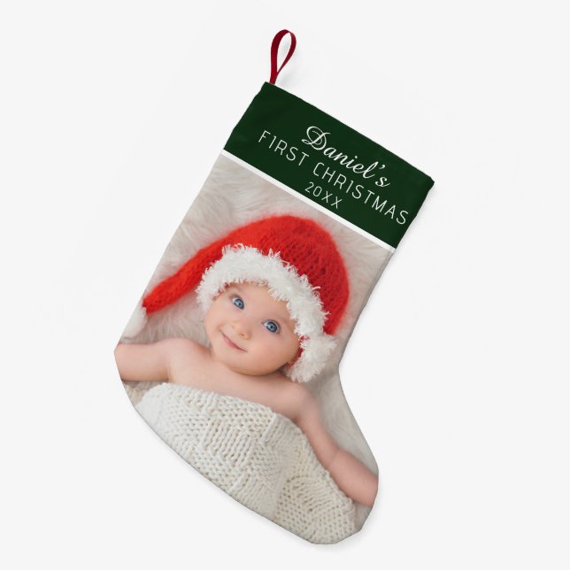Elegant Green Baby Photo Custom Name Small Christmas Stocking (Front (Hanging))