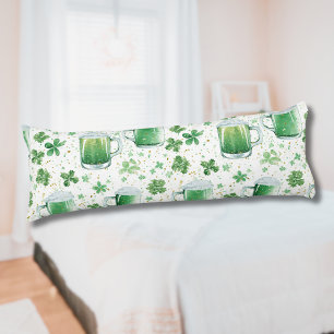 Elegant Green Beer Mugs and Shamrocks White Body Pillow
