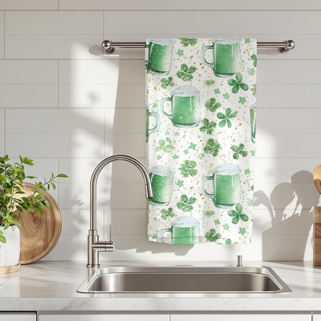 Elegant Green Beer Mugs and Shamrocks White Kitchen Towel (Creator Uploaded)