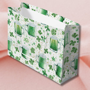 Elegant Green Beer Mugs and Shamrocks White Large Gift Bag