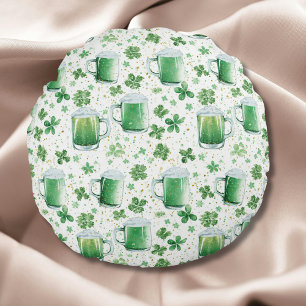 Elegant Green Beer Mugs and Shamrocks White Round Pillow