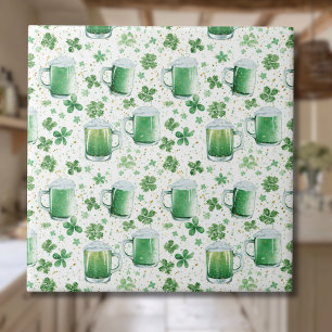 Elegant Green Beer Mugs and Shamrocks White Tile