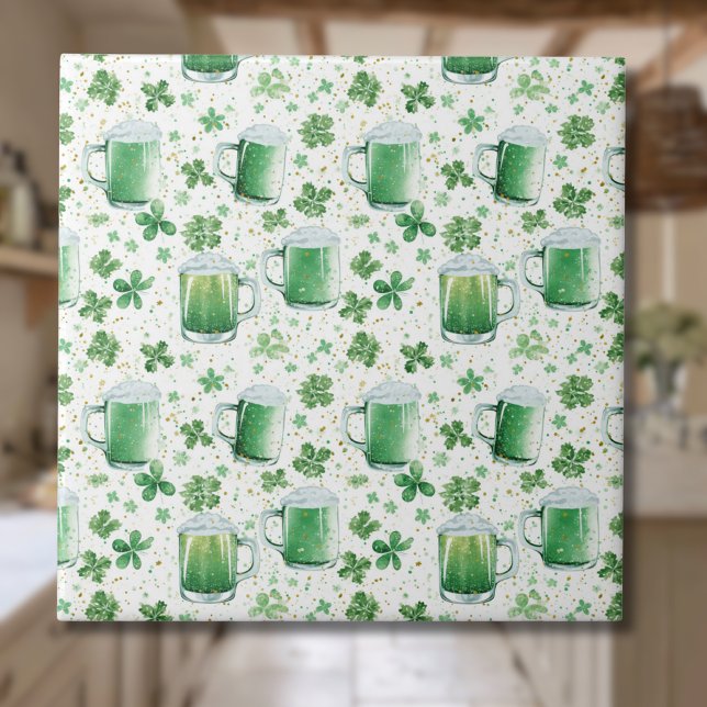 Elegant Green Beer Mugs and Shamrocks White Tile (Creator Uploaded)