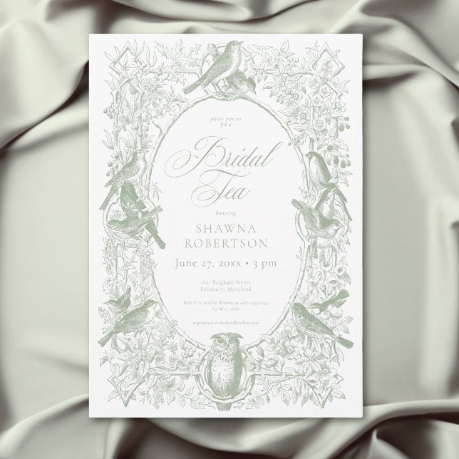Elegant Green Birds Bridal Shower Invitation (Elegant Green Chinoiserie Nature Birds Bridal Tea Invitation)