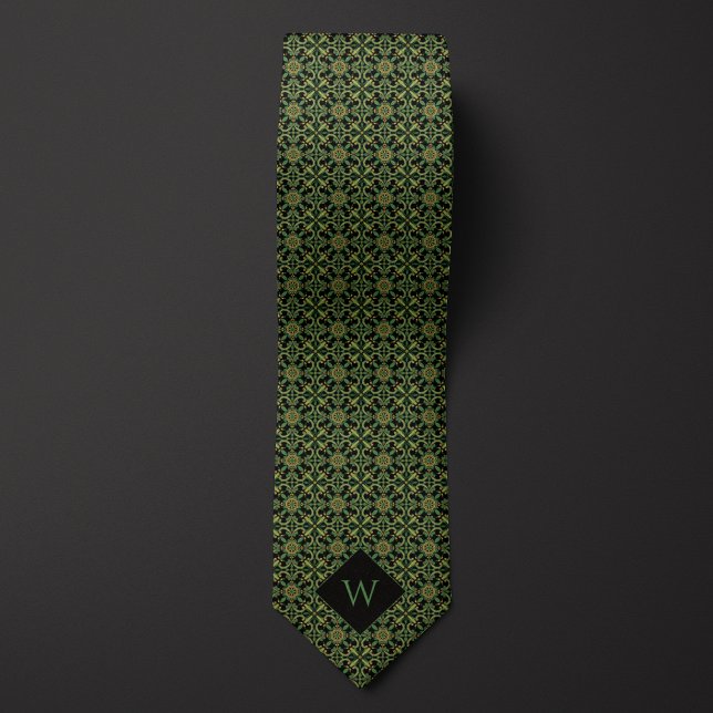 Elegant Green & Black Arabesque Monogram Tie (Creator Uploaded)