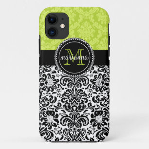 Elegant Green Black Damask Personalized iPhone 11 Case