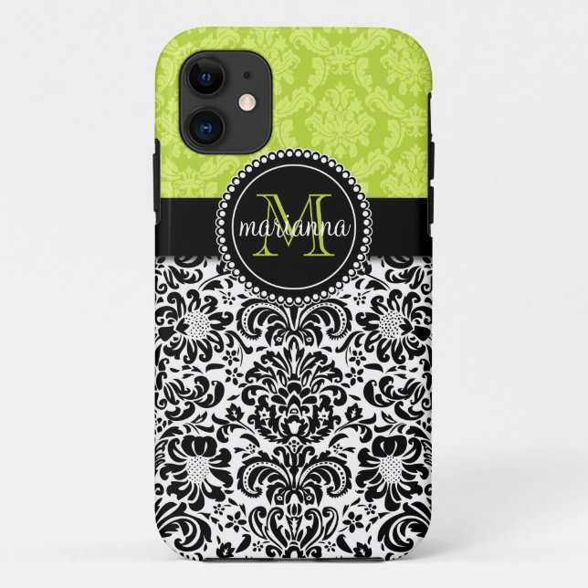 Elegant Green Black Damask Personalized Case-Mate iPhone Case (Back)