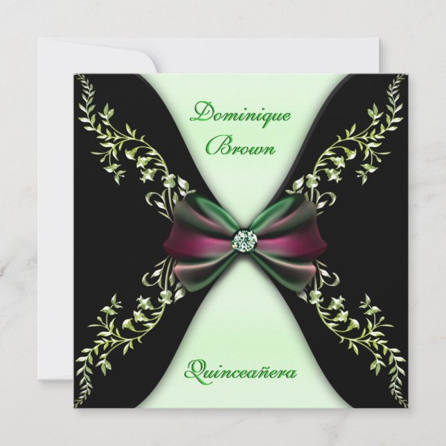 Elegant Green Black Diamond Bow Quinceanera Invitation (Front)