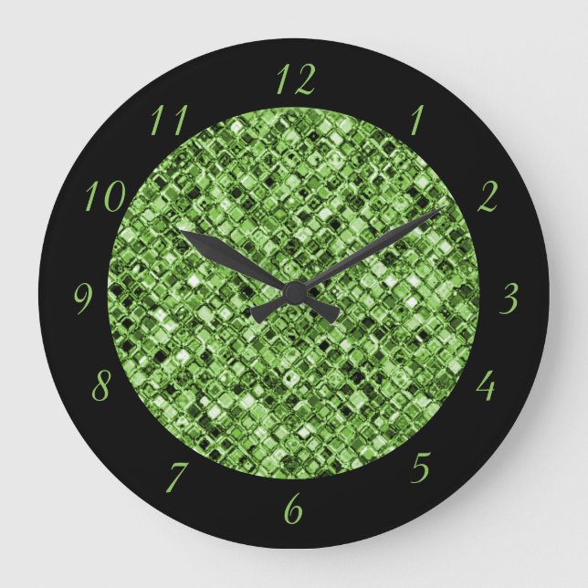 Elegant Green Black Glitter Glam Sparkle Chic Large Clock (Front)