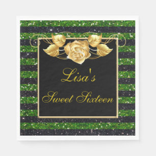 Elegant Green Black Glitter Gold Rose Sweet 16 Napkin