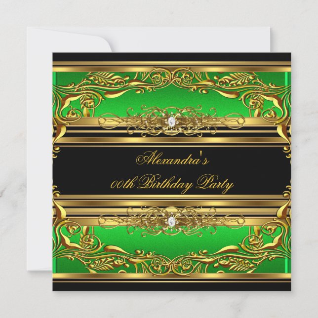 Elegant Green Black Gold Birthday Party Invitation (Front)