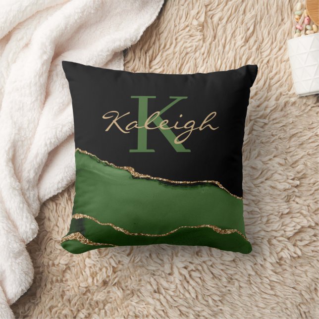 Elegant Green Black Gold Marble Custom  Throw Pillow (Blanket)