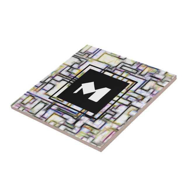 Elegant Green Black Modern Square Trendy Monogram Tile (Side)