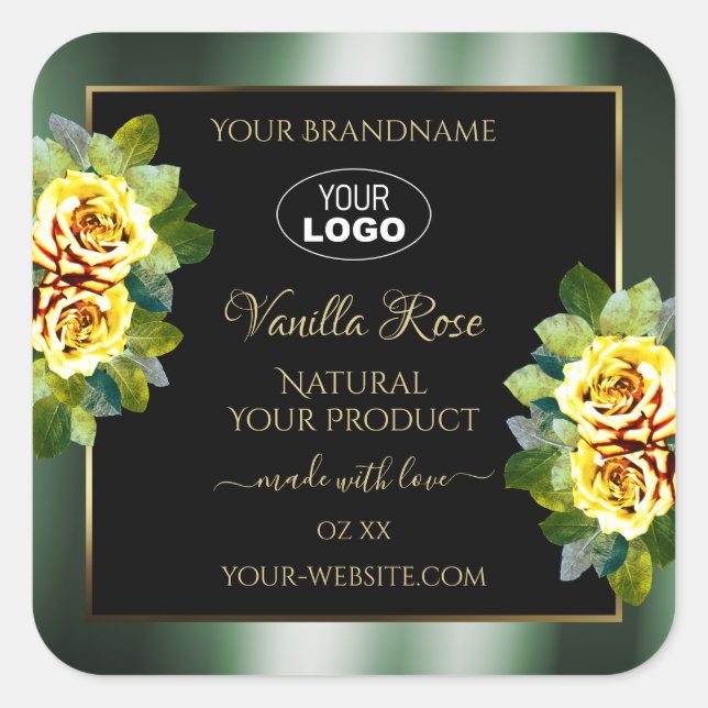 Elegant Green Black Product Label Yellow Rose Logo (Front)