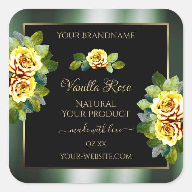 Elegant Green Black Product Labels Yellow Roses (Front)