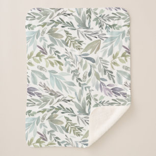 Elegant Green Blue Botanical Watercolor Sherpa Blanket