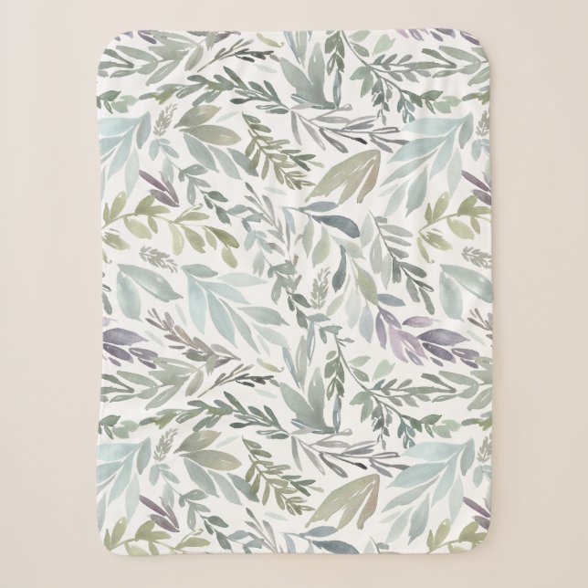 Elegant Green Blue Botanical Watercolor Sherpa Blanket (Front)