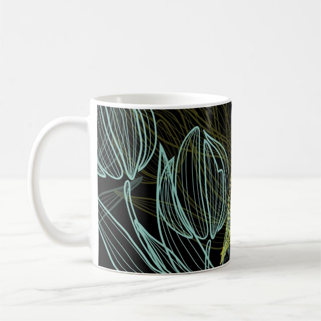 Elegant green, blue tulips pattern coffee mug (Left)