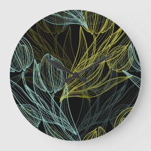 Elegant green, blue tulips pattern large clock