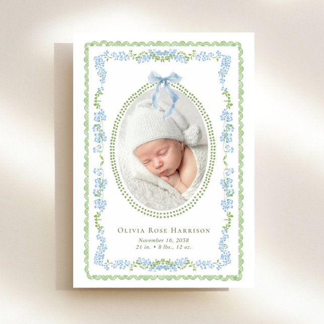 Elegant Green Blue Watercolor Frame Photo Birth Announcement (Announce the arrival of your precious baby in a way that is as beautiful and unique as they are)