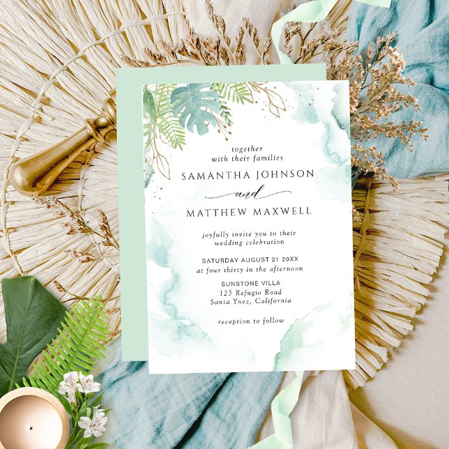 Elegant Green Blue Watercolor Greenery Wedding Invitation (Creator Uploaded)