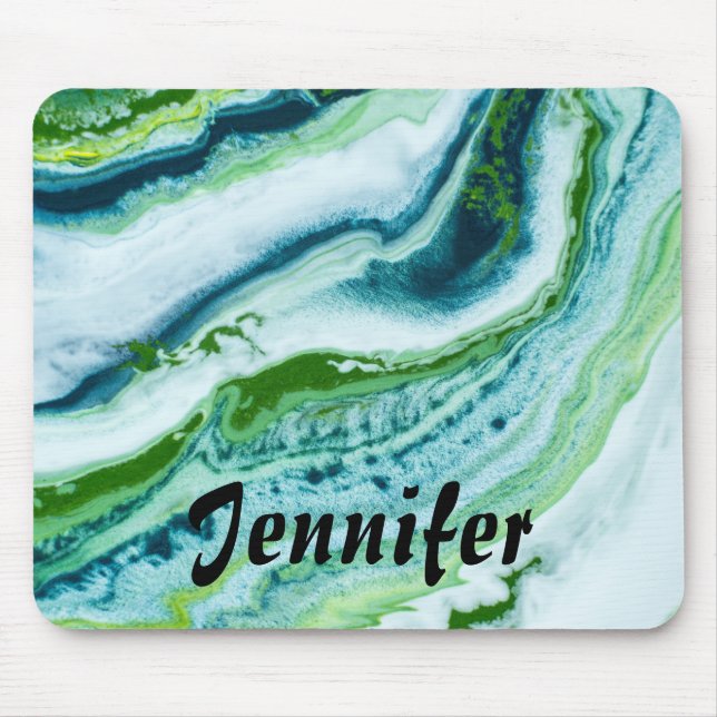 Elegant Green Blue WHITE FAUX MARBLE PERSONALIZED Mouse Pad (Front)