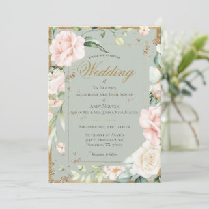 Elegant Green Blush Pink Watercolor Floral Wedding Invitation