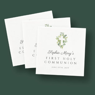 Elegant Green Botanical Cross First Communion Napkin