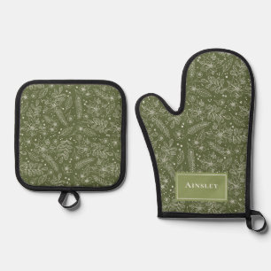 Elegant Green Botanical Floral Family Christmas Oven Mitt & Pot Holder Set