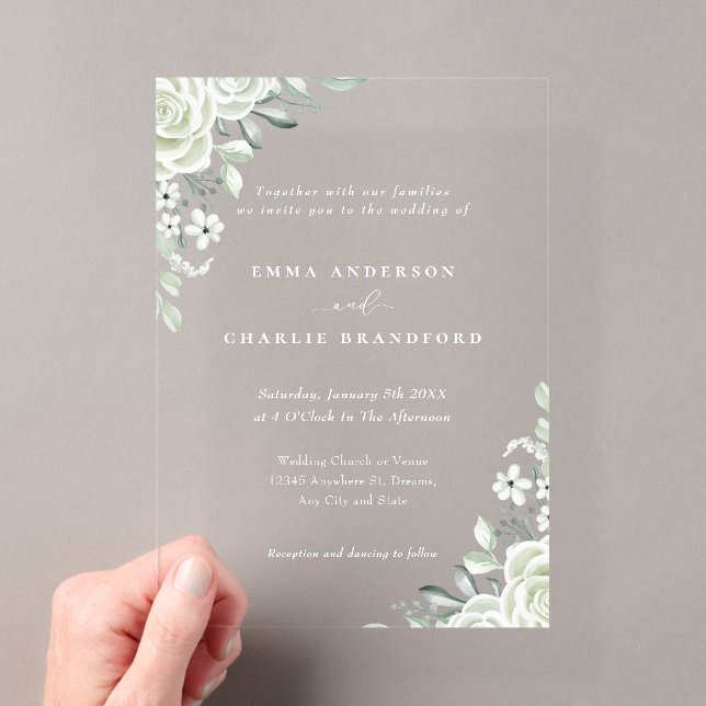 Elegant green Botanical flowers Script Wedding Acrylic Invitations (Insitu (Handheld))