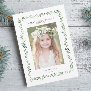 Elegant Green Botanical Frame Merry & Bright Photo Holiday Card