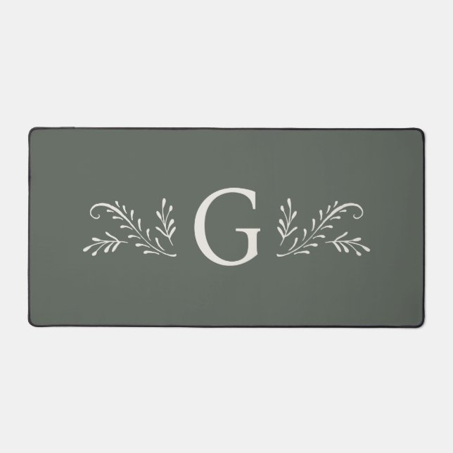 Elegant Green Botanical Monogram Desk Mat (Front)