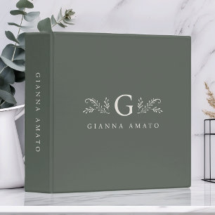 Elegant Green Botanical Monogram & Name Binder